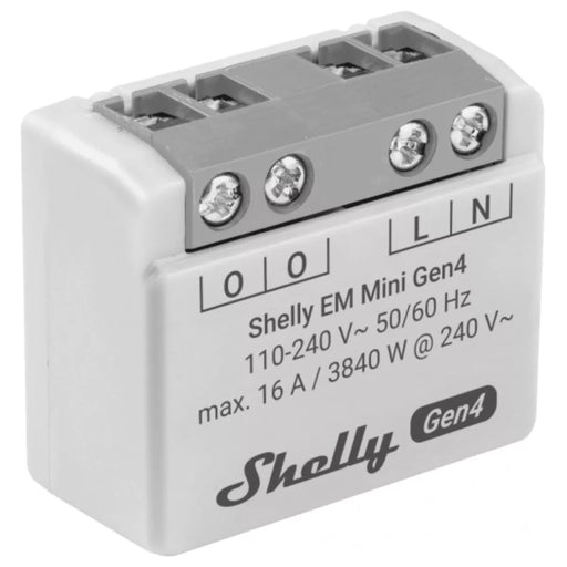 O Shelly EM Mini Gen4 é um medidor do consumo de energia com conectividade Wi-Fi, Zigbee, Bluetooth e Matter, concebido para monitorizar com precisão o consumo elétrico até 16A.