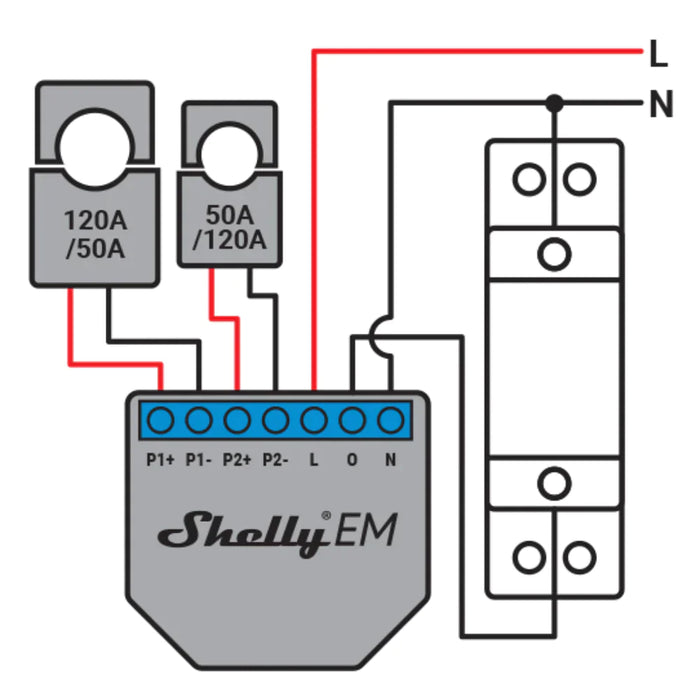 Shelly EM+50A Módulo medidor de consumo duplo para automação WiFi + Nú ...
