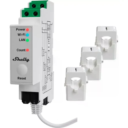 O Shelly PRO 3EM v2 é um medidor de energia trifásico, montável em calha DIN, que mede energia em três fases independentes, com correntes até 120 A e elevada precisão de medição.
