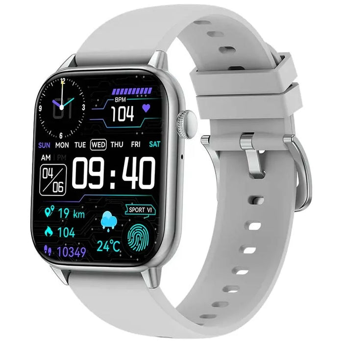 Smartwatch Colmi C60 Prateado com Pulseira de Silicone Cinzenta. Ecrã de 1,9". Monitor de frequência cardíaca. Monitor SpO2. Registo de sono. Chamadas Bluetooth. Resistência à água e à prova de poeira IP67.