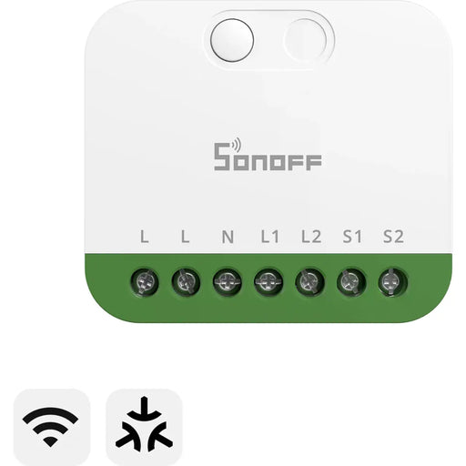 Sonoff MINI-2GS é um módulo inteligente de dois canais, que transforma interruptores convencionais em dispositivos inteligentes, compatível com Apple Home, Google Home, Amazon Alexa e outras que suportem Matter.