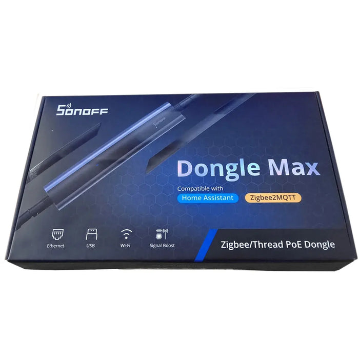 O Sonoff Dongle Max é um gateway Zigbee projetado para conectar dispositivos Zigbee a plataformas de código aberto como Home Assistant e Zigbee2MQTT. Suporta alimentação PoE.