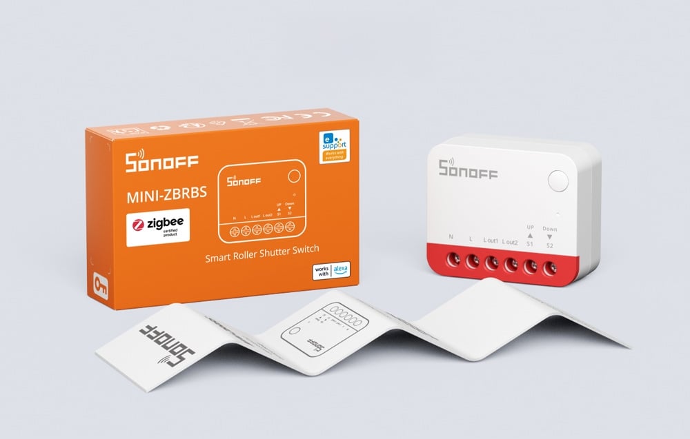 O Sonoff MINI-RBS é um interruptor inteligente zigbee para estores e cortinas motorizadas, concebido para instalação em caixas de aparelhagem de padrão europeu.