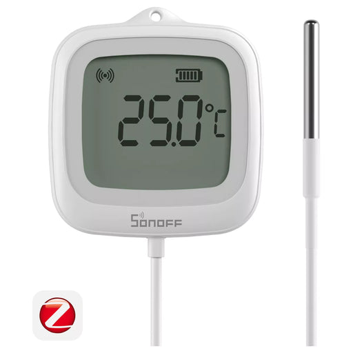 Sensor inteligente de temperatura Zigbee com sonda externa e visor LCD de 2,2″, projetado para medir com precisão a temperatura de líquidos ou espaços fechados e exibir diretamente no ecrã.