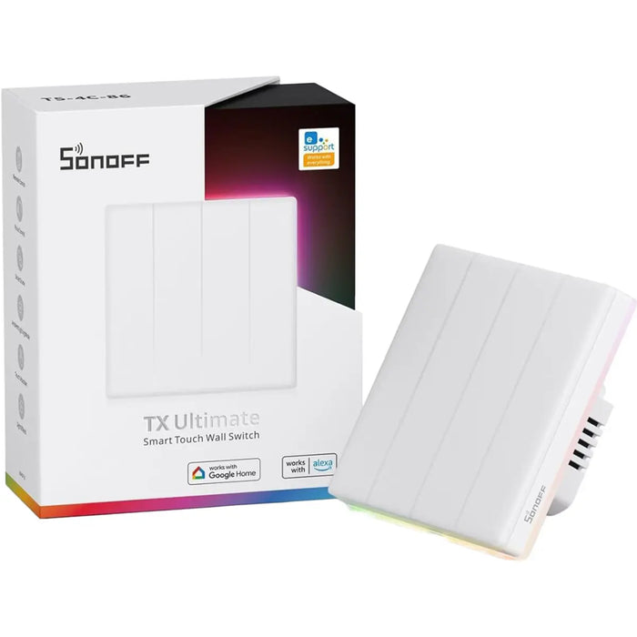 O Sonoff TX Ultimate (T5) WiFi é um interruptor de parede sensível ao toque com uma ampla área de toque e um design elegante, compatível com Amazon Alexa e Google Assistant.