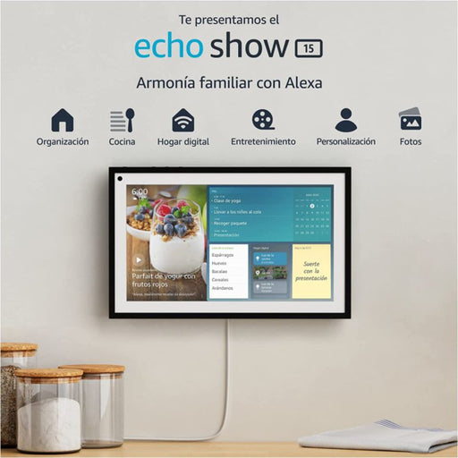 A Echo Show 15 é uma assistente virtual (Alexa) com ecrã de 15.6", que através de comandos de voz permite controlar lâmpadas, fechaduras, sensores e tomadas inteligentes.